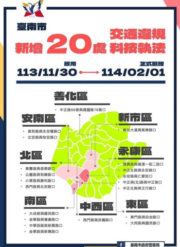 臺南市新增20處科技執法點 11月30日正式啟用加強交通違規監控