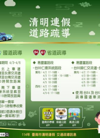 臺南市清明連假交通管制上路 多處祭祖與活動區域車潮預警