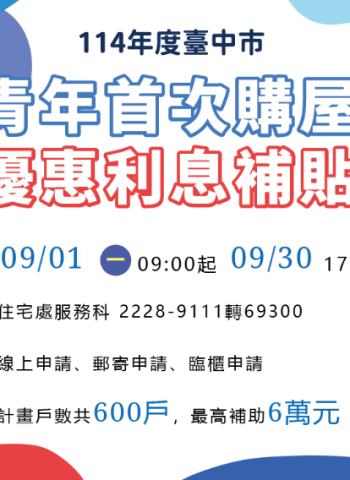 住宅貸款利息補貼9月開跑　臺中加碼青年購屋最高補助6萬元