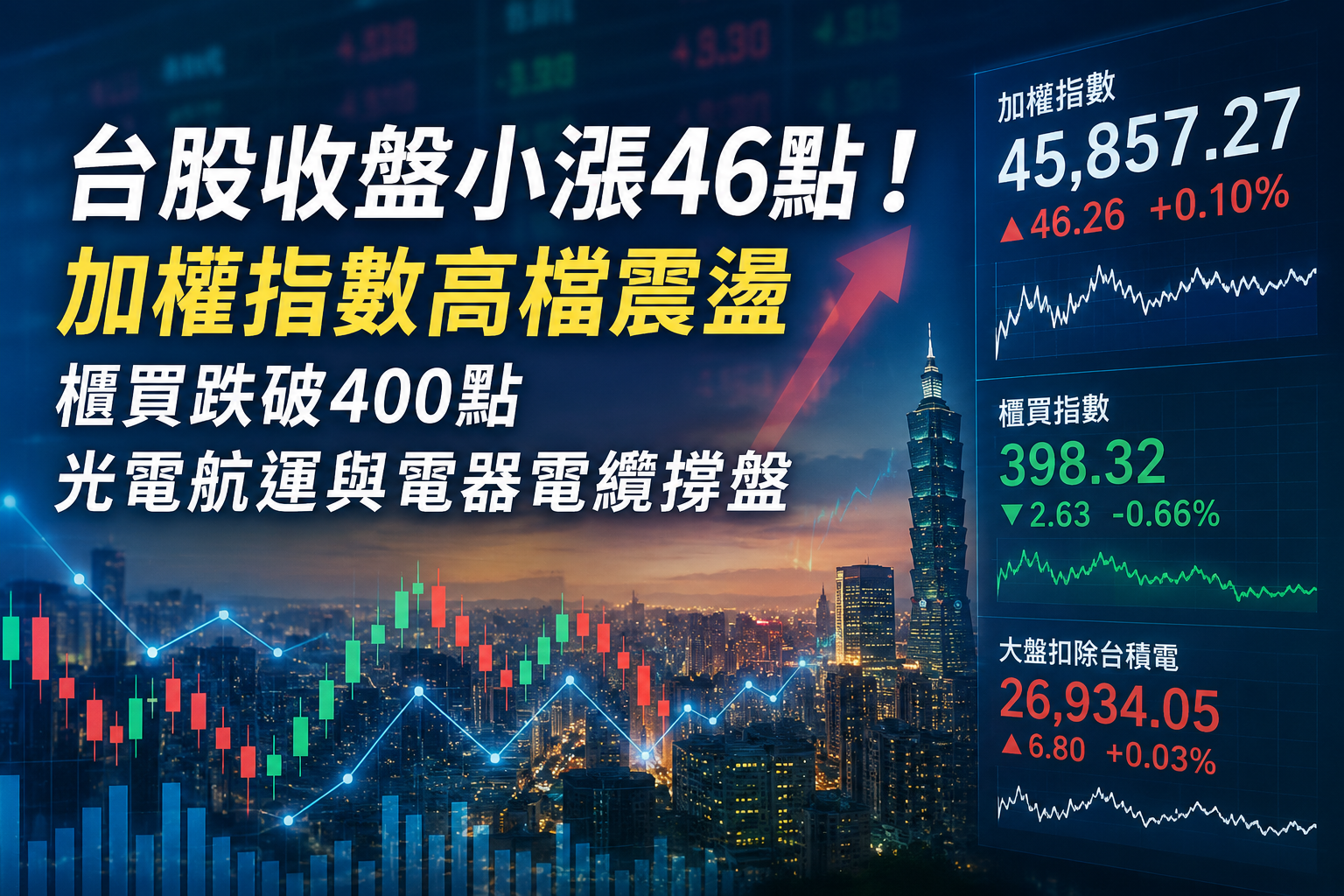 台股收盤小漲46點！加權指數高檔震盪　櫃買跌破400點、光電航運與電器電纜撐盤