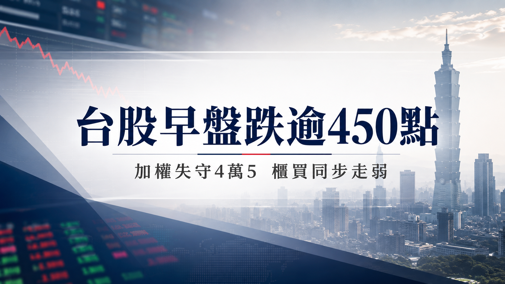 台股早盤跌逾450點　加權指數失守4萬5、櫃買同步走弱　資訊服務與造紙逆勢撐盤