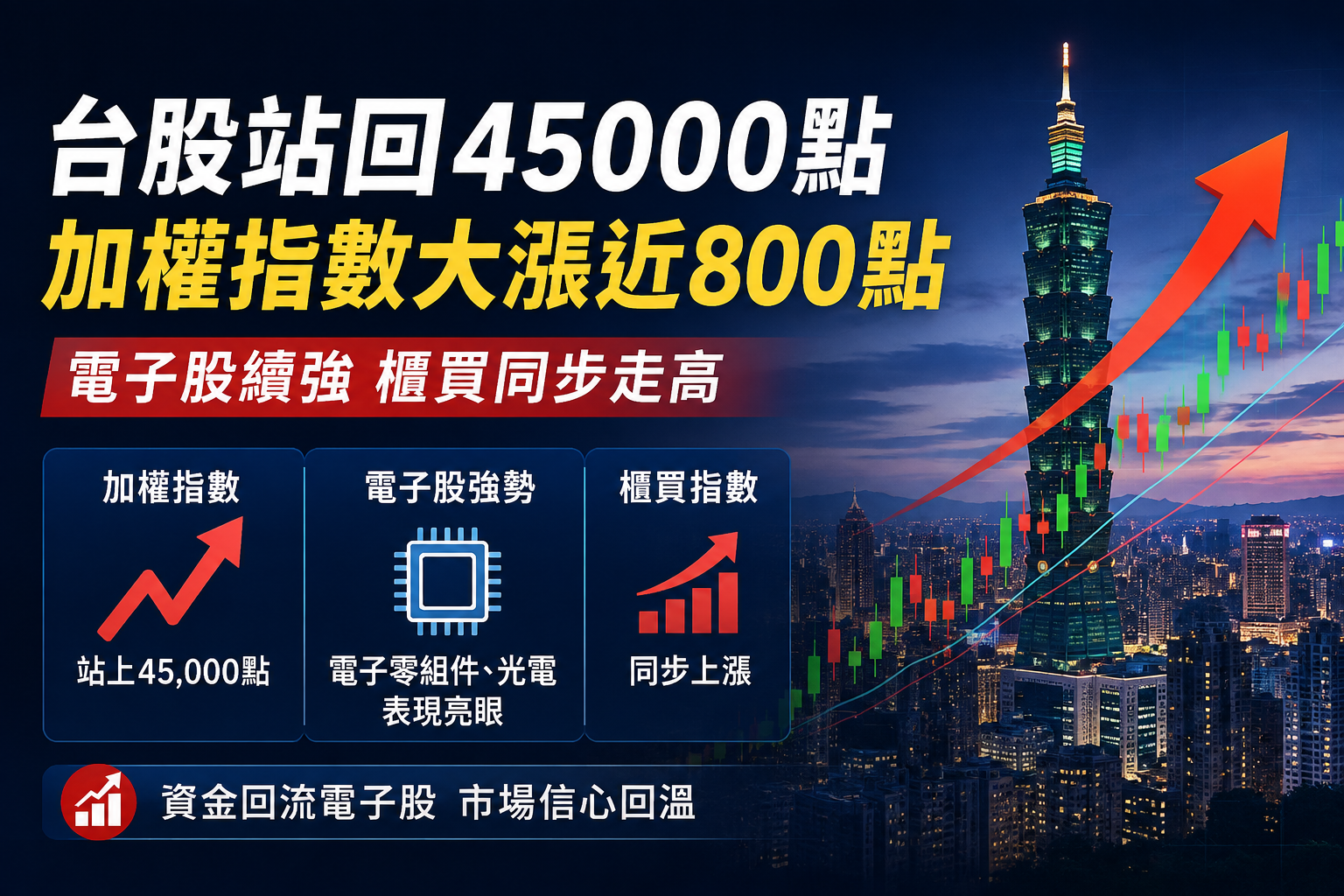 台股收盤站回4萬5！加權指數大漲787點　電子股續強、櫃買同步走高