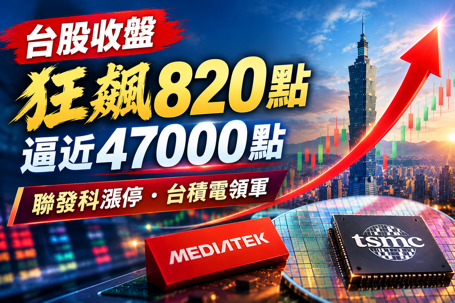 台股收盤狂飆820點！逼近47000點　聯發科漲停、台積電領軍權值股強攻